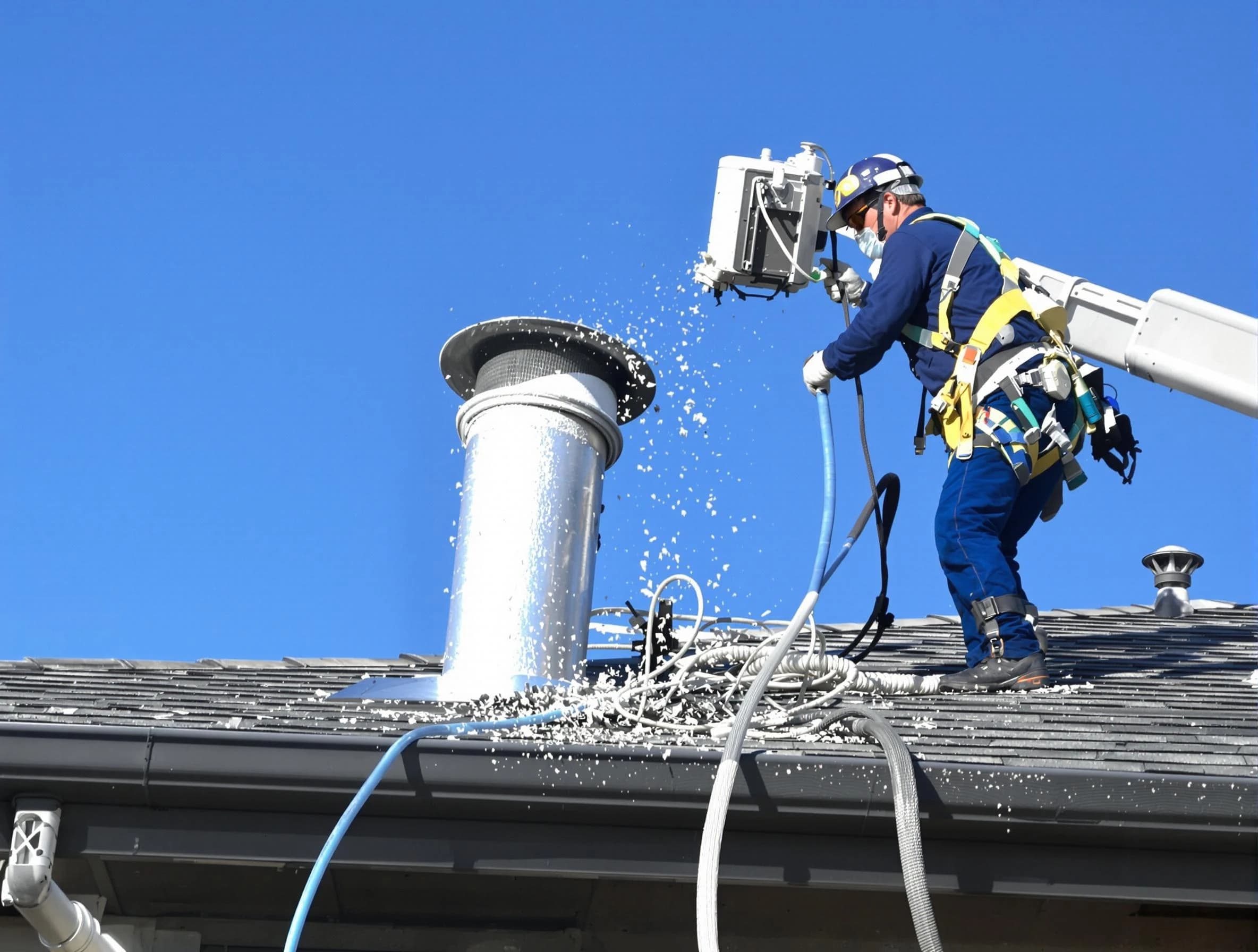 South Fayette Dryer Vent Cleaning certified technician safely cleaning a roof-mounted dryer vent in South Fayette