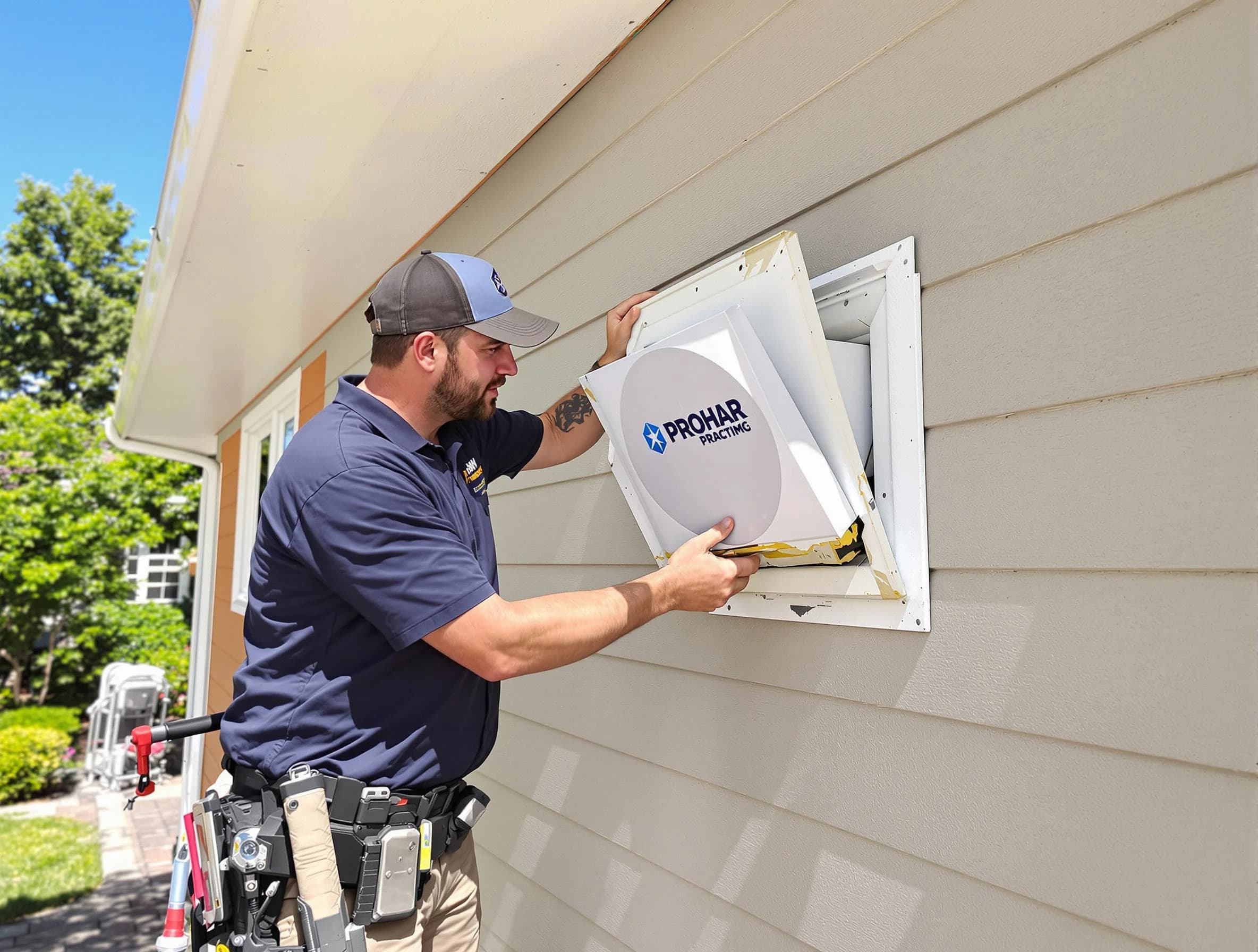 South Fayette Dryer Vent Cleaning technician installing a new protective dryer vent cover on a home in South Fayette