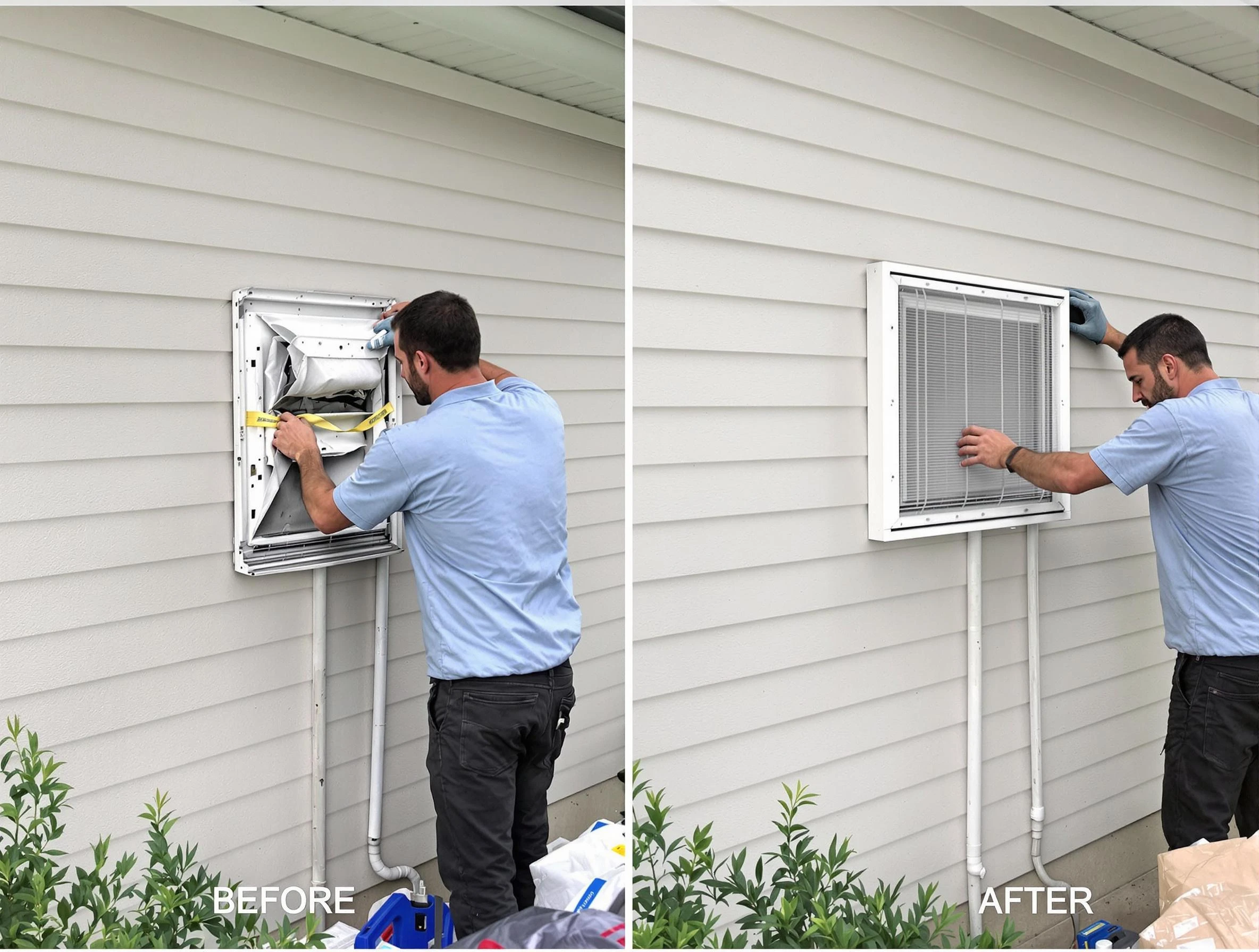 South Fayette Dryer Vent Cleaning technician installing high-quality dryer vent cover at a residential property in South Fayette